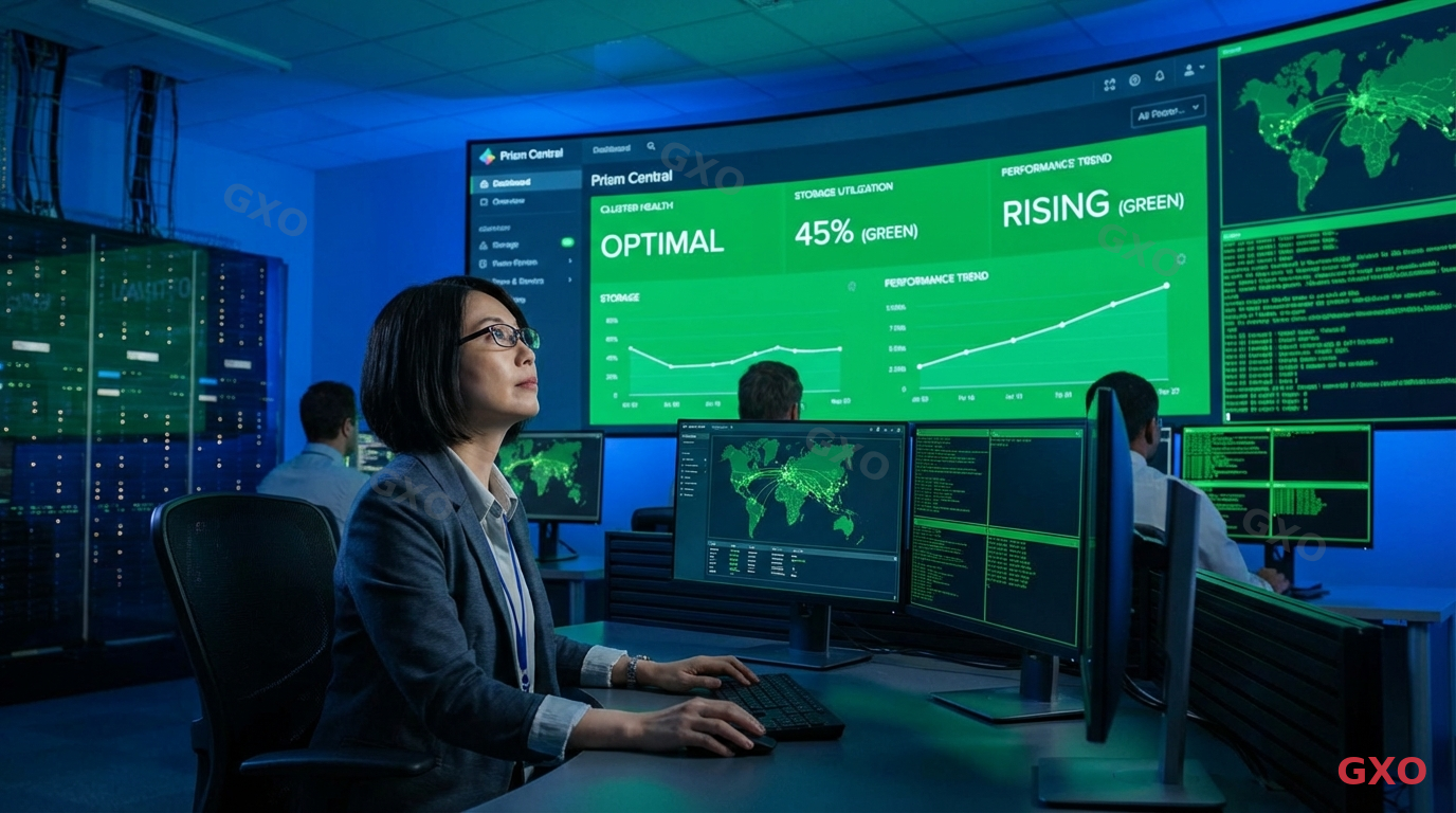 Photo-realistic image of a Japanese IT operations team member (female, early 40s, wearing smart casual) monitoring a large wall-mounted display showing Prism Central dashboard with cluster health metrics, storage utilization graphs, and performance trend charts all in green. Multiple small screens around showing different monitoring views. Modern NOC (network operations center) style setup with ambient blue lighting.