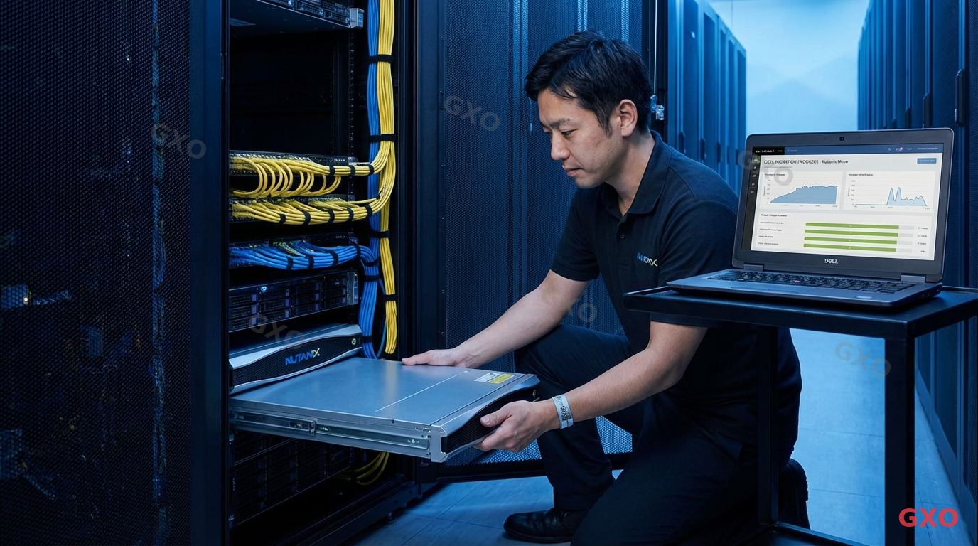 Photo-realistic image of a server room with a Japanese IT engineer (male, late 30s, wearing anti-static wristband and polo shirt) installing a new Nutanix node into a server rack. Nearby laptop shows a migration progress dashboard. Clean cable management visible, blue rack lighting, professional data center environment. Highlighting the physical deployment and data migration execution phase.