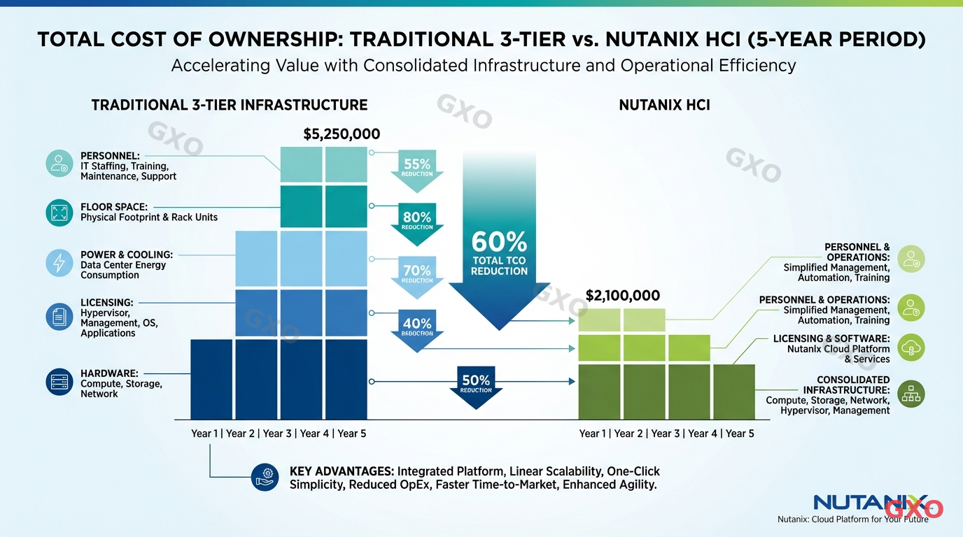 Professional infographic comparing total cost of ownership between traditional three-tier infrastructure and Nutanix HCI over a 5-year period. Left bar chart shows higher costs for hardware, licensing, power, floor space, and personnel in traditional setup. Right bar chart shows consolidated lower costs with HCI. Percentage reduction arrows between the bars. Corporate blue and green color scheme, clean data visualization style.
