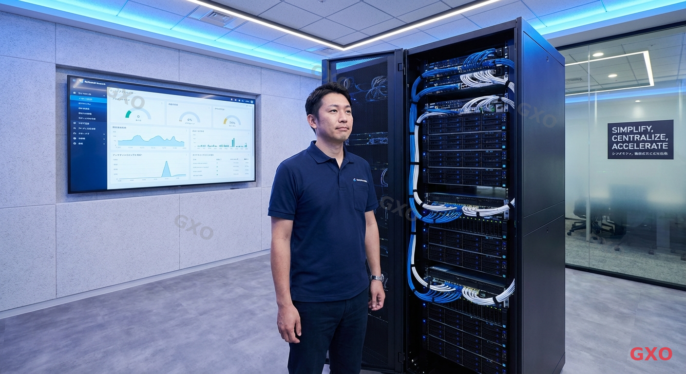 Photo-realistic image of a modern Japanese data center environment with a Japanese IT manager (male, early 40s, wearing a navy polo shirt) standing in front of a row of hyperconverged infrastructure nodes. The server rack has clean cable management with blue LED indicators. A large wall-mounted monitor behind him displays a Prism-style management dashboard with performance graphs. Cool blue and white lighting, professional and high-tech atmosphere. Highlighting modern infrastructure simplification and centralized management.