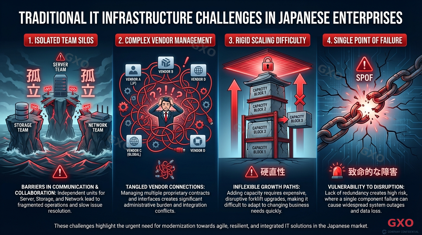 Professional infographic displaying four common challenges of traditional IT infrastructure in Japanese enterprise context: silos between server/storage/network teams shown as isolated islands, complexity of vendor management shown as tangled connections, difficulty scaling shown as rigid tower blocks, and single point of failure shown as a broken chain link. Dark background with red warning highlights and white text, corporate presentation style.