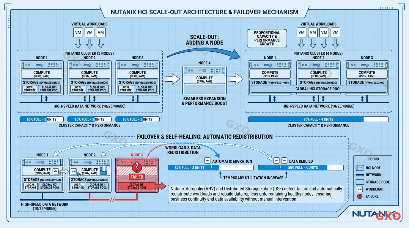Technical diagram illustrating Nutanix HCI scale-out architecture. Show a cluster of 3 nodes on the left, then an arrow adding 1 node to become 4 nodes on the right, with capacity bars growing proportionally. Below, show a failover scenario where one node turns red (failed) and workloads automatically redistribute to remaining healthy nodes. Clean technical blueprint style with blue and white colors.