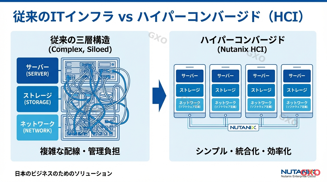 Clean modern illustration showing the difference between traditional three-tier IT infrastructure (separate server, storage, network layers stacked vertically) and hyperconverged infrastructure (single unified nodes connected horizontally). Left side shows complex cables connecting multiple boxes, right side shows simplified Nutanix nodes with software-defined layers labeled. Blue and white color scheme, clean lines, professional infographic style with Japanese business context.