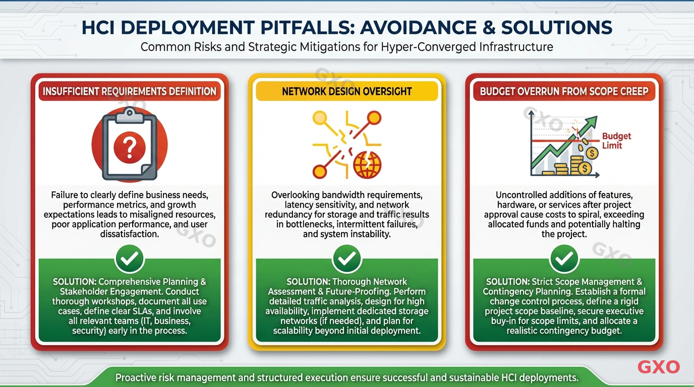 Professional infographic showing three common HCI deployment pitfalls as warning cards: 1) Insufficient requirements definition (icon: clipboard with question mark), 2) Network design oversight (icon: broken network connection), 3) Budget overrun from scope creep (icon: money chart going over budget line). Each card has a brief description and a green checkmark solution below. Red and yellow warning colors contrasting with solution green, corporate risk management presentation style.