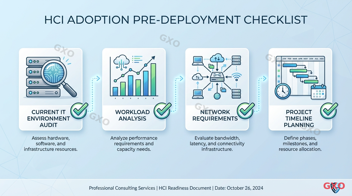 Clean modern illustration showing a pre-deployment checklist for HCI adoption. Visual checklist items include: current IT environment audit (server icon with magnifying glass), workload analysis (bar chart icon), network requirements (network topology icon), and project timeline planning (Gantt chart icon). Each item connected by dotted lines in a workflow. Light blue background, professional consulting document style.