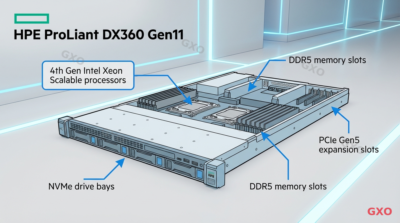 Clean modern illustration showing the HPE ProLiant DX360 Gen11 server in a 1U rack-mount form factor, with labeled callouts pointing to key components: 4th Gen Intel Xeon Scalable processors, DDR5 memory slots, NVMe drive bays, and PCIe Gen5 expansion slots. Light gray background with blue accent lines. Technical yet accessible visual style for IT decision makers.