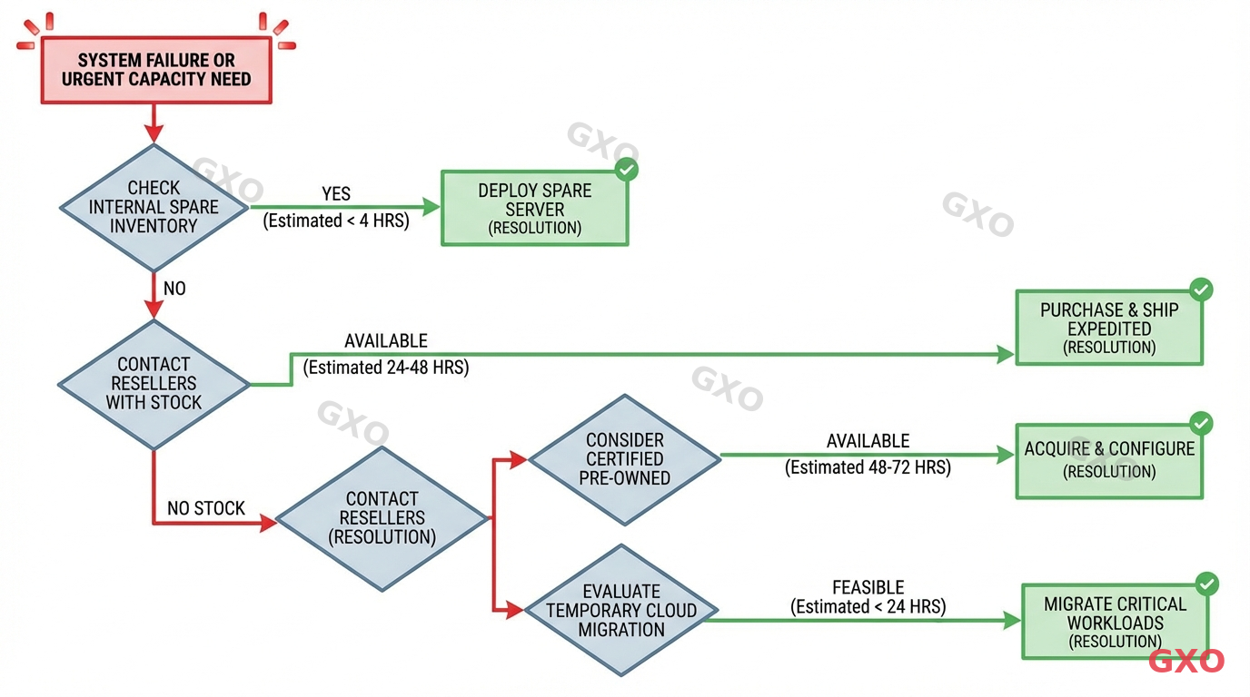 Technical diagram illustrating an emergency server procurement decision flowchart. Starting node: System Failure or Urgent Capacity Need. Decision branches: Check internal spare inventory, Contact resellers with stock, Consider certified pre-owned, Evaluate temporary cloud migration. Each branch shows estimated time to resolution. Red urgency indicators with green resolution paths. Clean flowchart design with directional arrows.