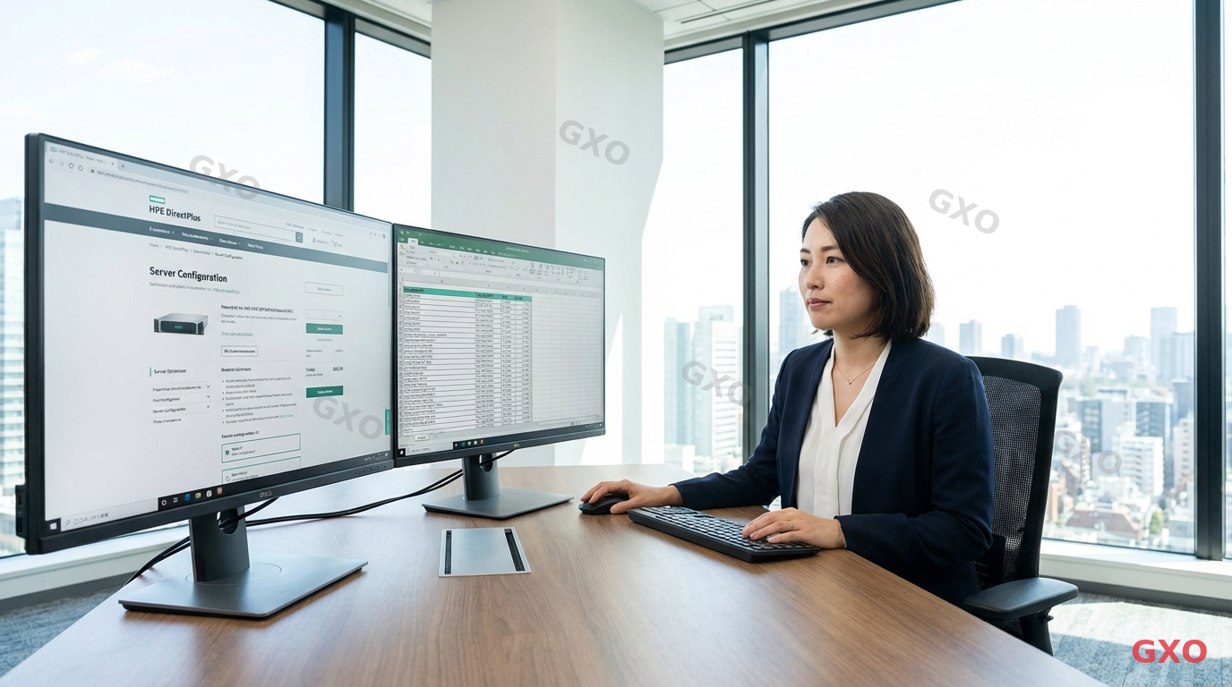 Photo-realistic image of a Japanese IT manager (female, late 30s, wearing a white blouse and navy blazer) working at a clean modern desk with dual monitors. One screen shows the HPE DirectPlus online store interface, the other displays a configuration spreadsheet. Bright office environment with natural light from large windows. Professional and focused atmosphere highlighting the direct purchasing process.