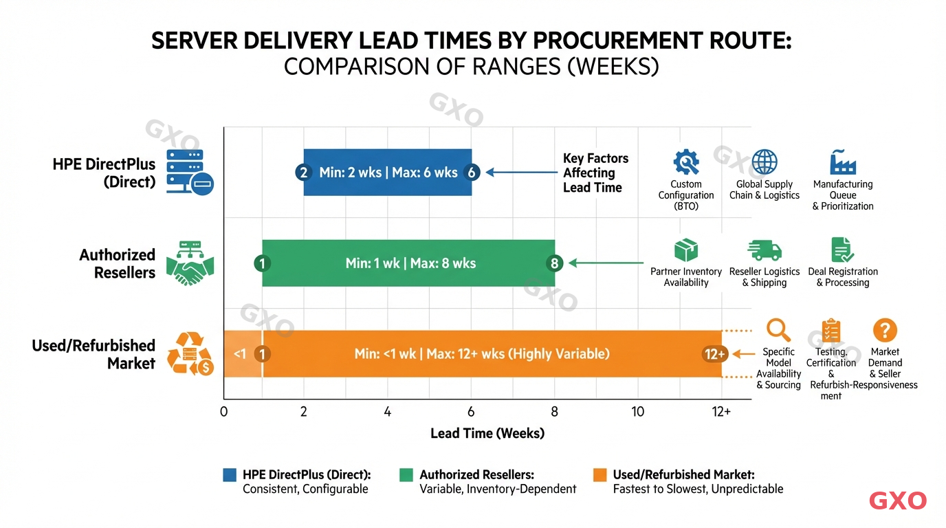 Professional infographic displaying a horizontal bar chart comparing server delivery lead times across three procurement routes: HPE DirectPlus (direct), authorized resellers, and used/refurbished market. Each bar shows a range with minimum and maximum weeks. Color-coded: blue for direct, green for resellers, orange for used market. Additional icons showing key factors affecting each route. Clean white background with subtle grid lines.