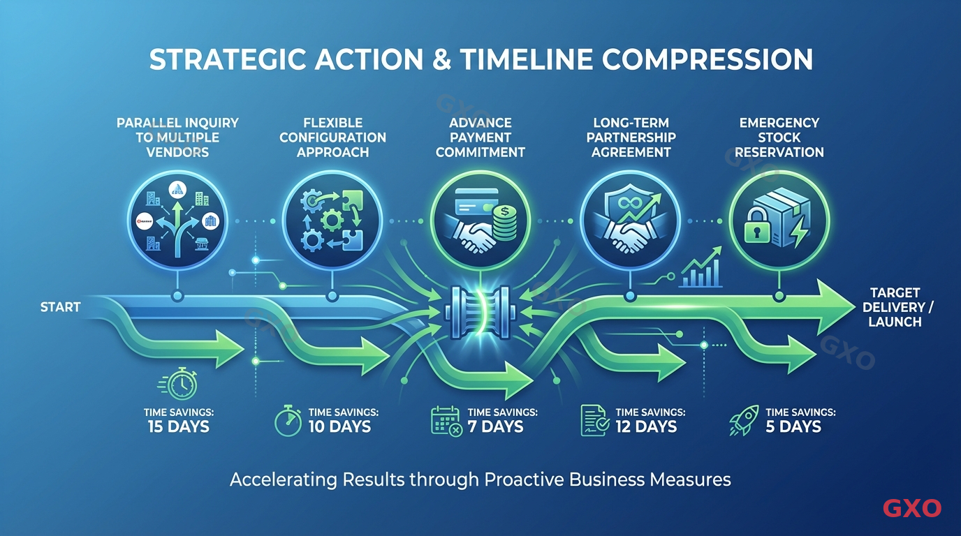 Clean modern illustration showing a timeline being compressed by strategic actions. Five action icons arranged along the timeline: parallel inquiry to multiple vendors, flexible configuration approach, advance payment commitment, long-term partnership agreement, and emergency stock reservation. Green arrows showing time savings at each step. Professional business illustration with blue gradient background.