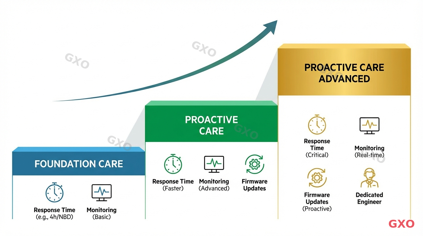 Clean modern illustration showing three tiers of HPE support contracts arranged as ascending steps: Foundation Care (basic, blue), Proactive Care (mid-tier, green), and Proactive Care Advanced (premium, gold). Each tier shows included services as icons: response time, monitoring, firmware updates, dedicated engineer. Simple corporate illustration style with clear visual hierarchy.