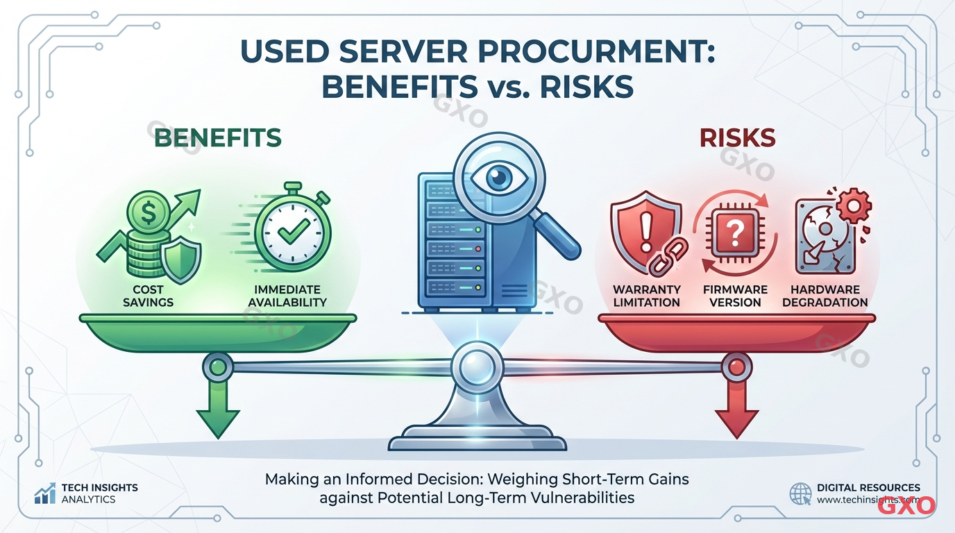 Clean modern illustration showing a balance scale comparing benefits and risks of used server procurement. Left side (green): cost savings icon, immediate availability clock icon. Right side (red): warranty limitation warning icon, firmware version question mark, hardware degradation icon. Central image of a server with inspection magnifying glass. Professional business illustration style with clear visual hierarchy.
