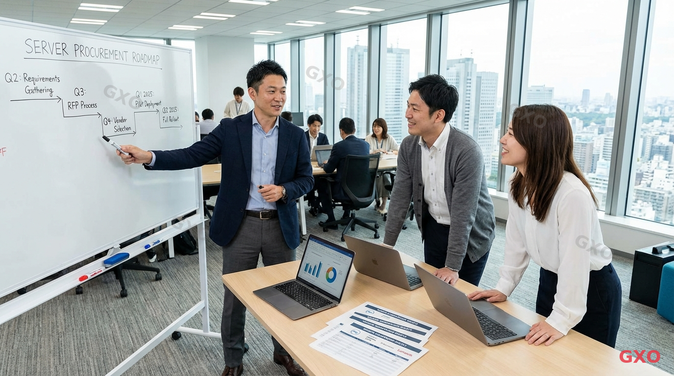 Photo-realistic image of a professional Japanese consulting team (3 people: 2 males and 1 female, ages 30-45, wearing business casual attire) in a modern open-plan office in Shinjuku, Tokyo. Team lead pointing at a large whiteboard showing a server procurement roadmap with milestones. Laptops and printed vendor comparison sheets on the table. Natural light from large windows with Tokyo cityscape visible. Collaborative and solution-oriented atmosphere.