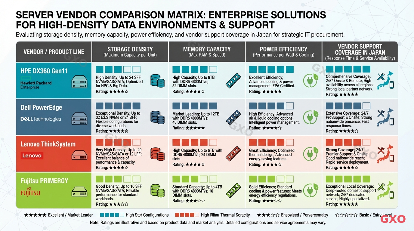 Professional infographic displaying a comparison matrix of four server vendors: HPE DX360 Gen11, Dell PowerEdge, Lenovo ThinkSystem, and Fujitsu PRIMERGY. Comparison categories include: storage density, memory capacity, power efficiency, and vendor support coverage in Japan. Each vendor represented by a distinct color. Clean tabular layout with rating indicators. Business-oriented design for IT procurement decision makers.