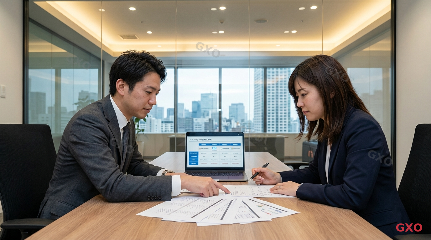 Photo-realistic image of a Japanese business meeting (2 people: male procurement manager in his 40s wearing gray suit, and female sales representative in her 30s wearing navy suit) in a glass-walled meeting room. They are reviewing printed proposals and server configuration documents spread on a conference table. Laptop showing comparison chart between resellers. Warm professional atmosphere with soft overhead lighting. Highlighting the reseller evaluation and negotiation process.