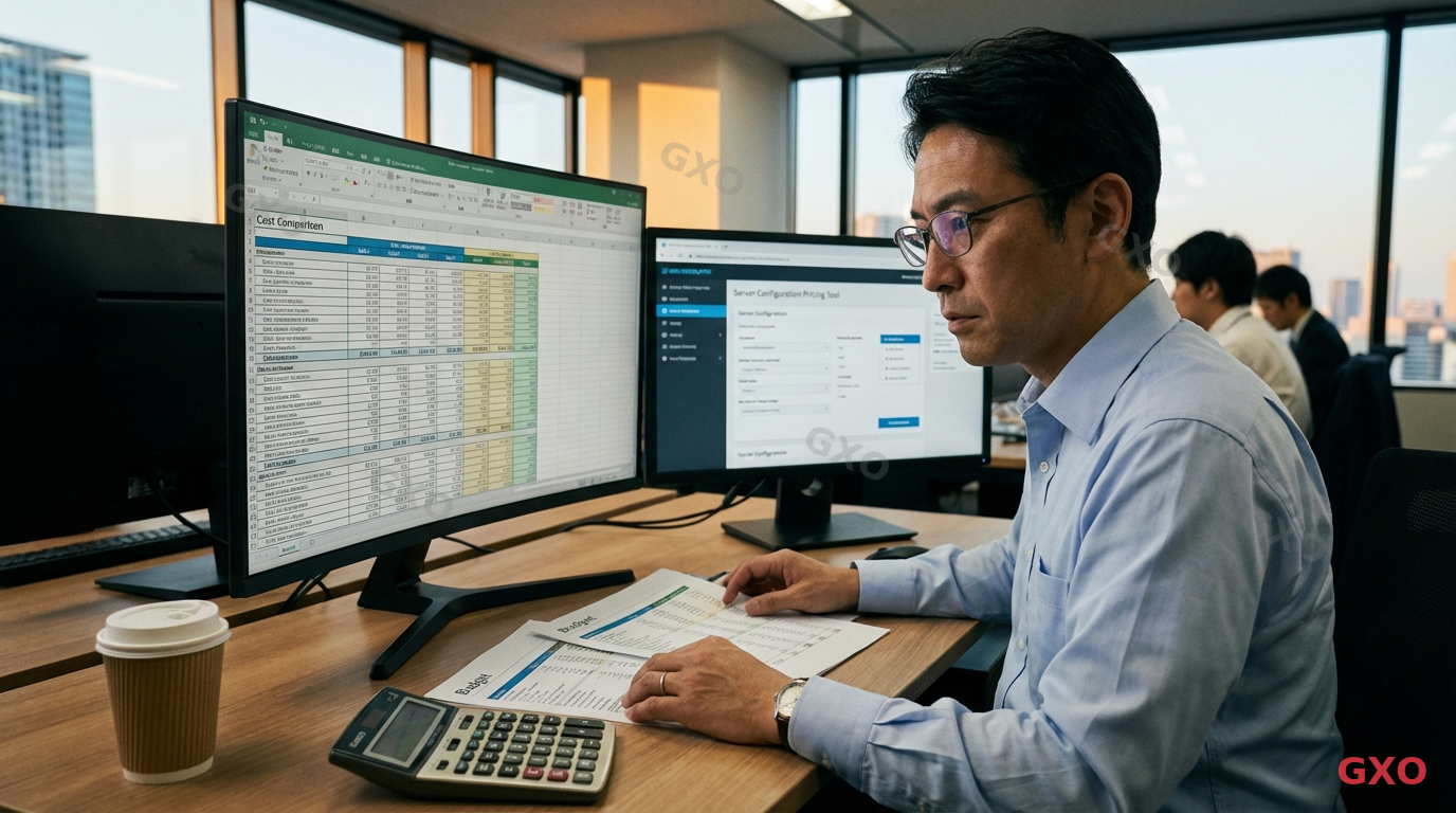 Photo-realistic image of a Japanese financial controller (male, late 40s, wearing glasses and a light blue dress shirt) reviewing a detailed cost comparison spreadsheet on a large monitor. Printed budget documents and calculator on the desk. Modern Japanese office with warm lighting. A second monitor showing server configuration pricing tool. Professional atmosphere conveying careful financial planning for IT procurement.