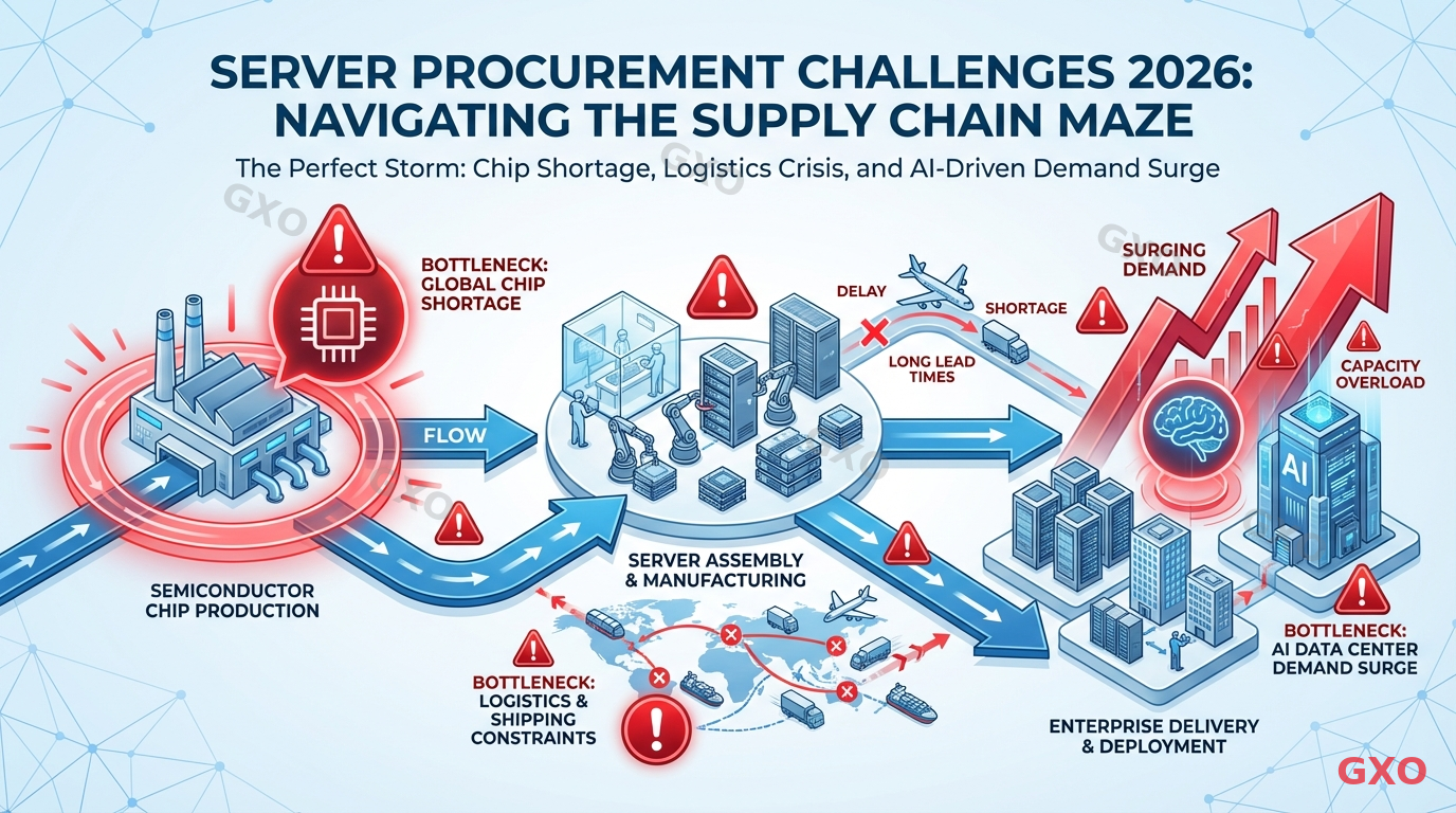 Clean modern illustration showing a supply chain diagram with three bottleneck points highlighted in red: semiconductor chip factory, logistics/shipping route, and AI data center demand surge. Arrows flowing from chip production to server assembly to enterprise delivery, with warning icons at each bottleneck. Blue and gray color scheme with red alert accents. Conveying the complexity of server procurement challenges in 2026.