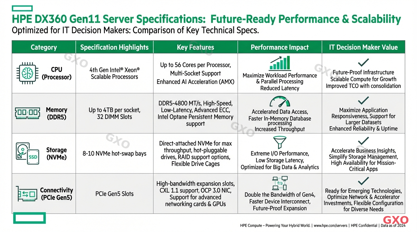 Professional infographic displaying HPE DX360 Gen11 server specifications in a comparison table format. Categories include CPU (4th Gen Intel Xeon Scalable, up to 56 cores), Memory (DDR5 up to 4TB per socket, 32 DIMM slots), Storage (8-10 NVMe hot-swap bays), and Connectivity (PCIe Gen5). Clean white background with HPE green accent colors. Data-driven layout optimized for IT decision makers.