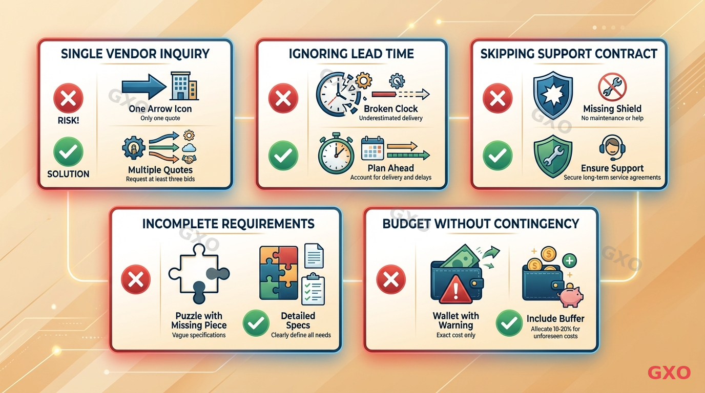Clean modern illustration showing five common procurement mistakes as warning cards arranged in a grid: 1) Single vendor inquiry (one arrow icon), 2) Ignoring lead time (broken clock), 3) Skipping support contract (missing shield), 4) Incomplete requirements (puzzle with missing piece), 5) Budget without contingency (wallet with warning). Each card has a red X and a green checkmark showing the correct approach. Warm background with professional corporate styling.