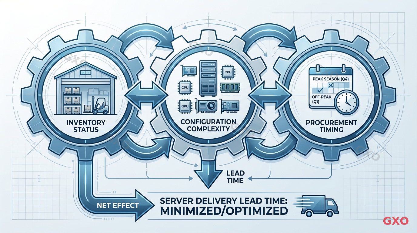 Technical diagram illustrating three major factors affecting server delivery lead times, arranged as interconnected gears. First gear: Inventory Status (warehouse icon). Second gear: Configuration Complexity (server component icons). Third gear: Procurement Timing (calendar with peak/off-peak markers). Arrows showing how each factor influences the others. Cool blue and gray corporate color scheme with clean lines.