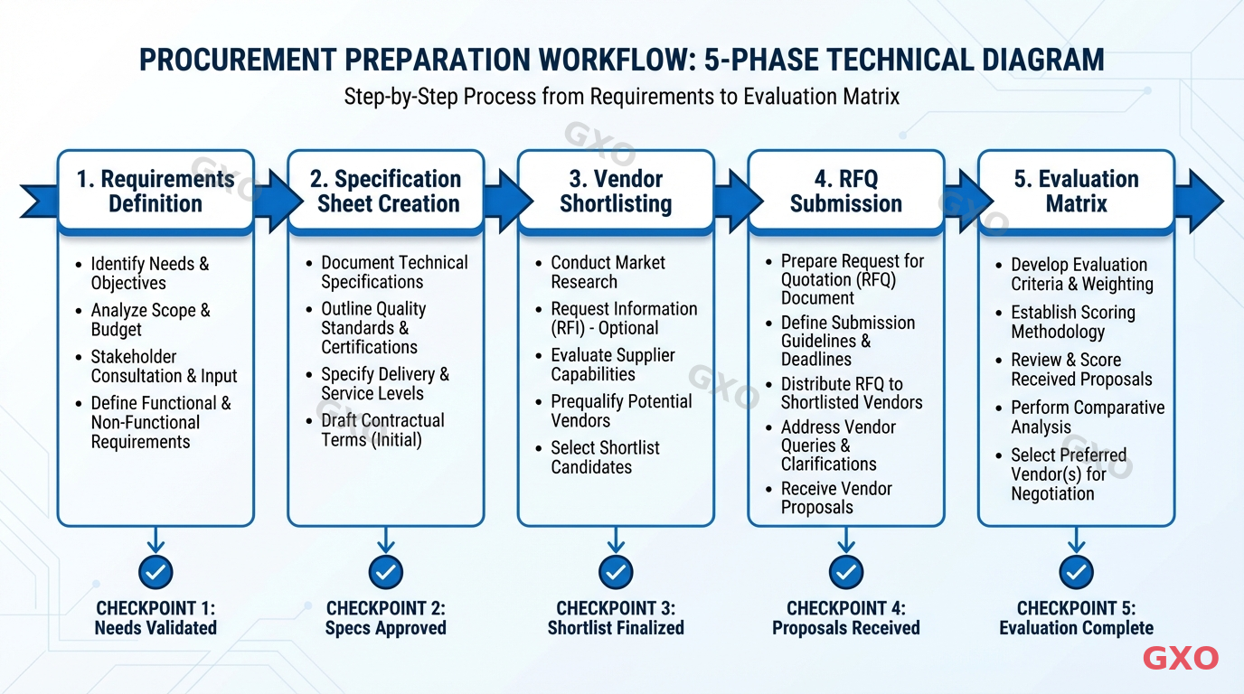 Technical diagram illustrating a step-by-step procurement preparation workflow with 5 phases: Requirements Definition, Specification Sheet Creation, Vendor Shortlisting, RFQ Submission, and Evaluation Matrix. Each phase shown as a connected box with key action items listed below. Clean flowchart style with directional arrows, numbered steps, and checkpoint markers. Professional blue and white corporate design.