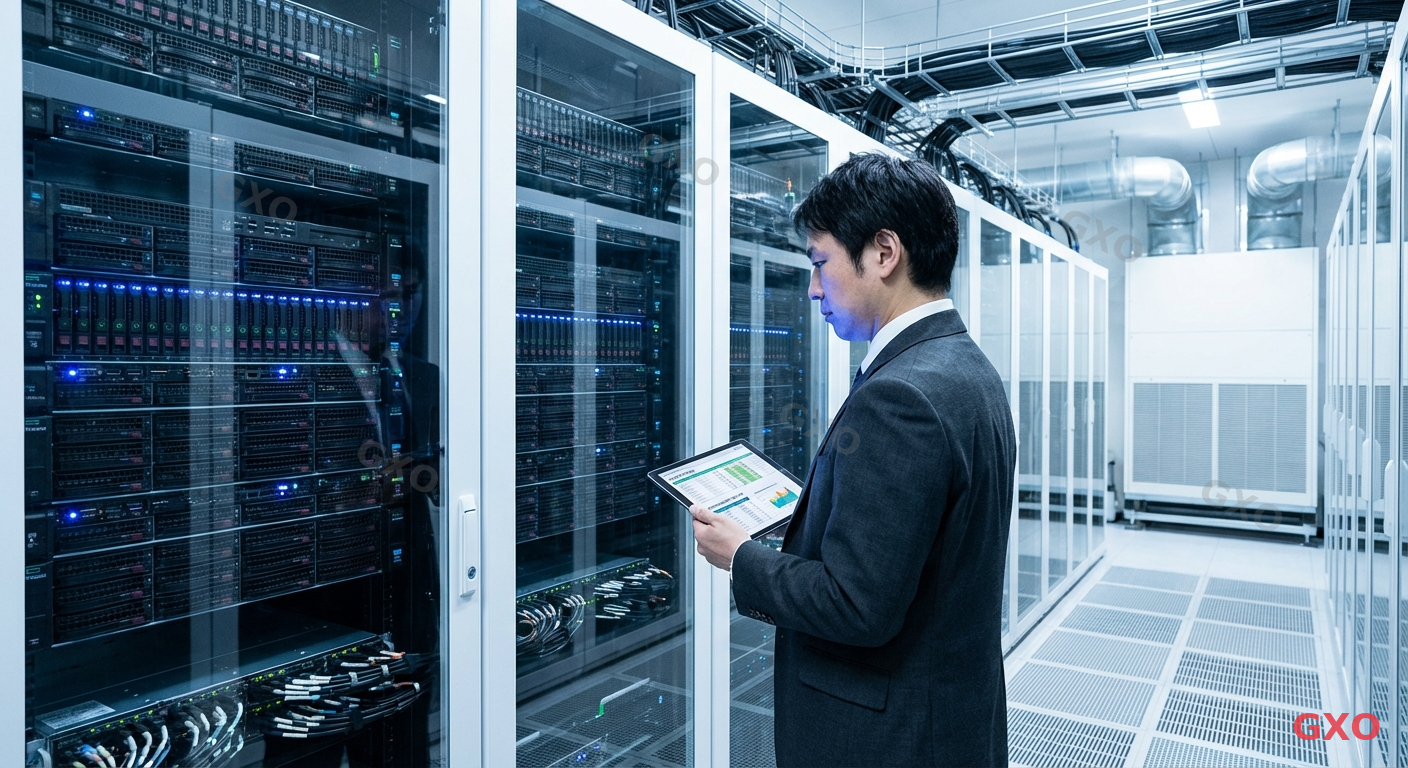 Photo-realistic image of a Japanese IT procurement manager (male, early 40s, wearing a dark gray suit) standing in a modern server room filled with HPE ProLiant rack servers. He is holding a tablet displaying delivery schedule data while examining server hardware. Cool blue LED lighting from server racks, clean cable management visible. Professional data center environment with raised floor and overhead cable trays. Highlighting the reality of enterprise server procurement and delivery challenges.