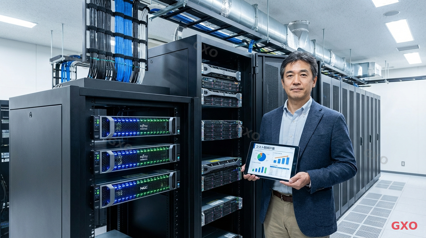 HCIサーバー構築費用の相場比較イメージ Photo-realistic image of a modern Japanese data center server room with three HCI nodes in a rack, LED indicators glowing blue and green. A Japanese IT manager (male, 40s, wearing business casual) reviewing cost documents on a tablet while standing next to the rack. Clean, bright environment with cable management and cooling infrastructure visible. Professional atmosphere emphasizing enterprise technology investment and cost planning.
