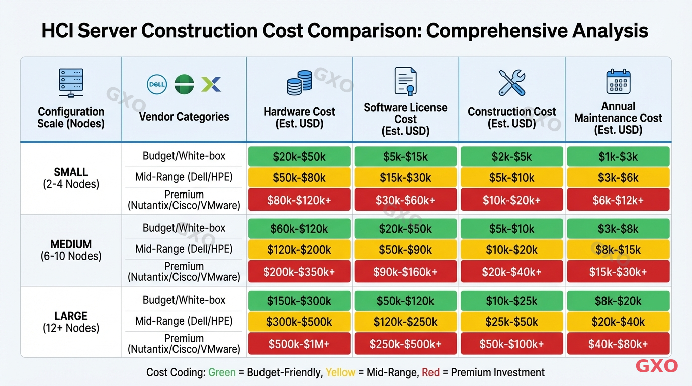 HCIサーバー構築費用の相場一覧表 Professional infographic showing a comprehensive cost comparison table for HCI server construction. Clean table layout with columns for configuration scale (small/medium/large), vendor categories, hardware cost, software license cost, construction cost, and annual maintenance cost. Color-coded cells (green for budget-friendly, yellow for mid-range, red for premium). Modern business document style with clear typography.