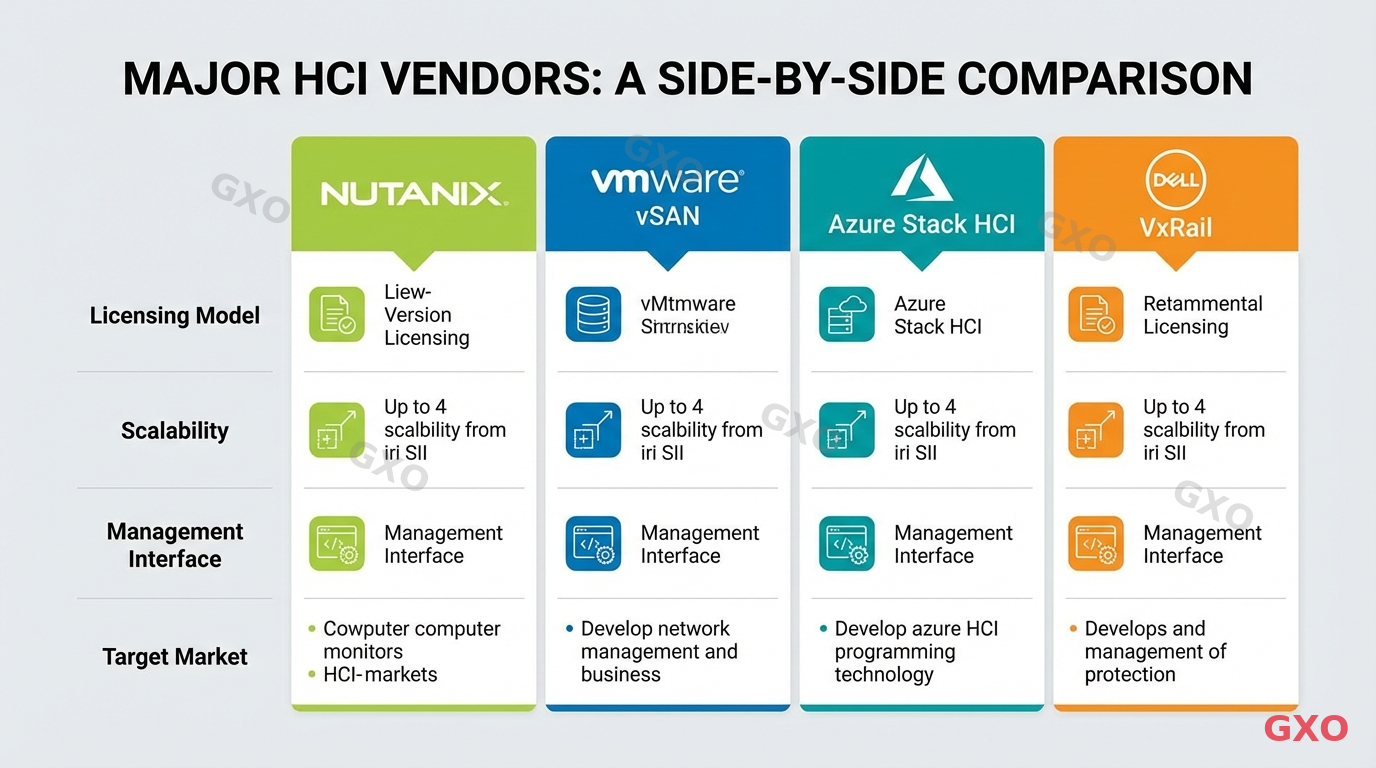 主要HCIベンダー4社の特徴と費用比較 Professional infographic comparing four major HCI vendors side by side. Four columns for Nutanix, VMware vSAN, Azure Stack HCI, and Dell VxRail. Comparison criteria include licensing model, scalability, management interface, and target market. Modern flat design with each vendor represented by a distinct color. Clean comparison matrix layout.