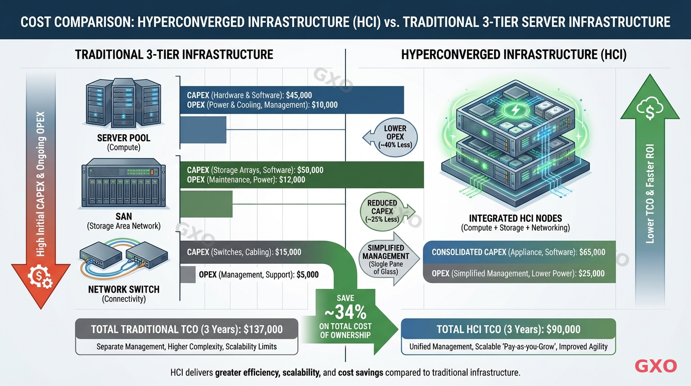 HCIと従来型3層構成の費用比較図 Professional infographic comparing HCI versus traditional 3-tier server infrastructure costs. Split layout with left side showing traditional architecture (server + SAN + network switch with separate cost bars) and right side showing HCI (integrated nodes with consolidated cost bar). Cost comparison arrows and percentage indicators. Clean business presentation style.