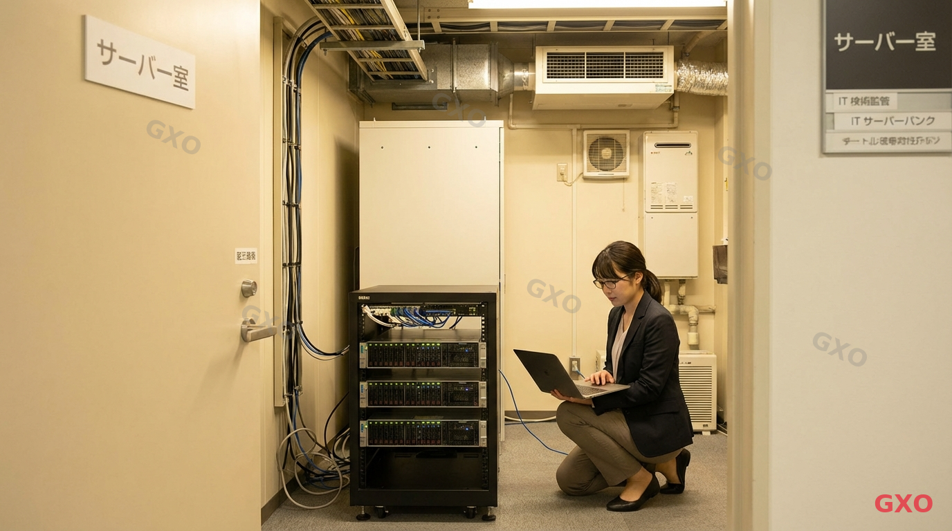 中小企業向けHCI構成の費用イメージ Photo-realistic image of a small-to-medium Japanese company server room with a compact 3-node HCI rack. A young female IT administrator (30s, business casual) checking the system status on a laptop. Modest but well-organized server environment with proper ventilation. Warm office lighting suggesting a practical, cost-effective setup.