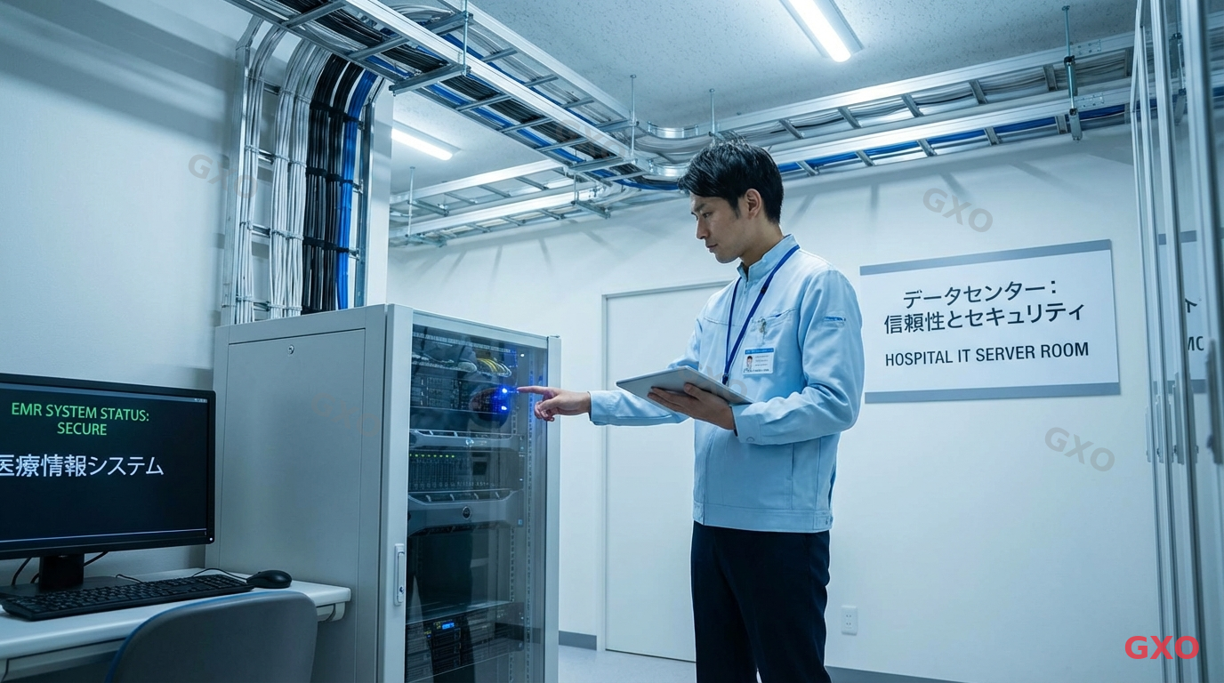 医療・公共機関でのHCI導入事例イメージ Photo-realistic image of a Japanese hospital IT server room with HCI infrastructure supporting electronic medical record systems. Clean, compact server rack with blue LED indicators. A male IT specialist (40s, wearing hospital staff uniform) performing routine maintenance check. Medical facility environment with emphasis on reliability and data security.