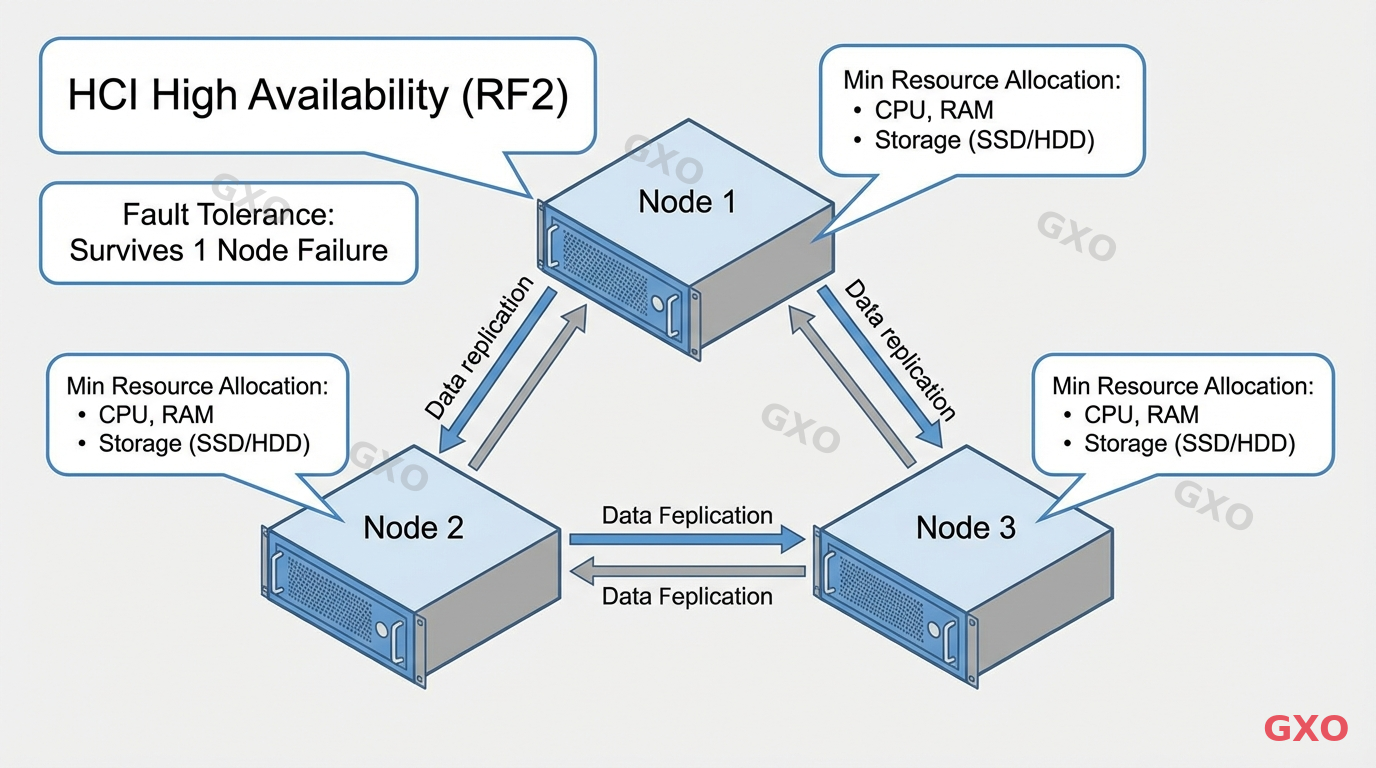 HCI 3ノード最小構成と冗長性の仕組み Technical diagram illustrating a 3-node HCI minimum configuration for high availability. Three server nodes connected in a cluster with data replication arrows between them. Callouts showing redundancy factor (RF2), fault tolerance mechanism, and minimum resource allocation. Clean technical drawing style with blue and gray tones.
