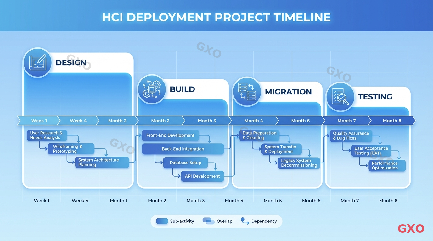 HCI導入プロジェクトの工程と費用の内訳 Clean modern illustration showing the phases of HCI deployment project as a horizontal timeline. Four main phases: Design, Build, Migration, and Testing. Each phase represented by an icon and time block. Gantt chart style with overlapping activities. Professional project management visual with blue gradient theme.