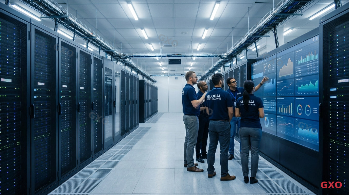 大企業向けHCI大規模導入のイメージ Photo-realistic image of a large enterprise data center with multiple rows of HCI racks, dozens of nodes with blinking status lights. A team of IT engineers (mixed gender, 30s-50s, wearing company polos) conducting a capacity review on a wall-mounted dashboard display. Large, well-lit facility with raised floors and advanced cooling systems. Professional, high-tech atmosphere.