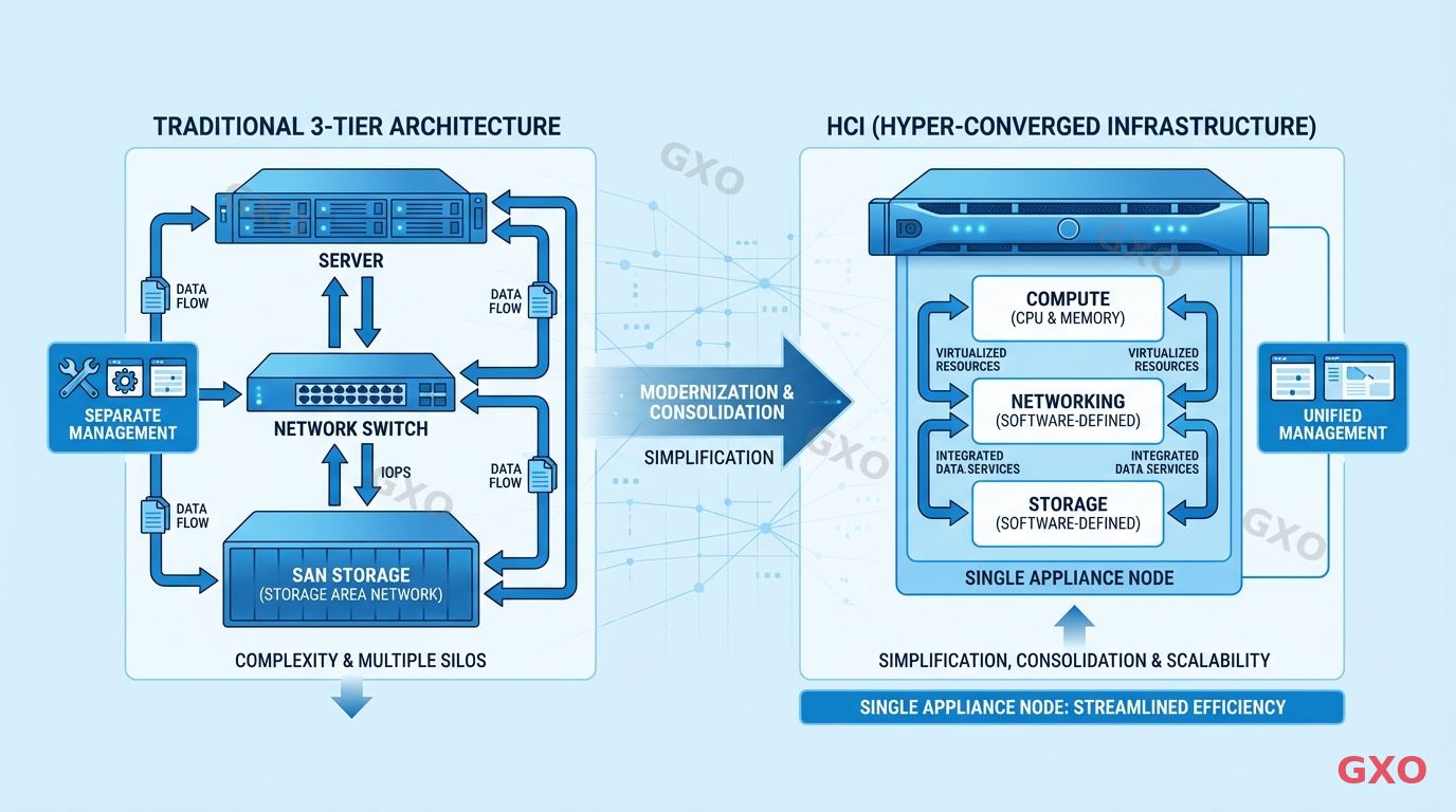 HCIと従来型3層構成の比較図 Clean modern illustration showing the architecture comparison between traditional 3-tier server infrastructure (separate server, SAN storage, network switch) and HCI (hyper-converged infrastructure) with integrated compute, storage, and networking in a single appliance node. Diagram style with blue and white color scheme, arrows showing data flow, labels in clean sans-serif font. Highlighting simplification and consolidation benefits.