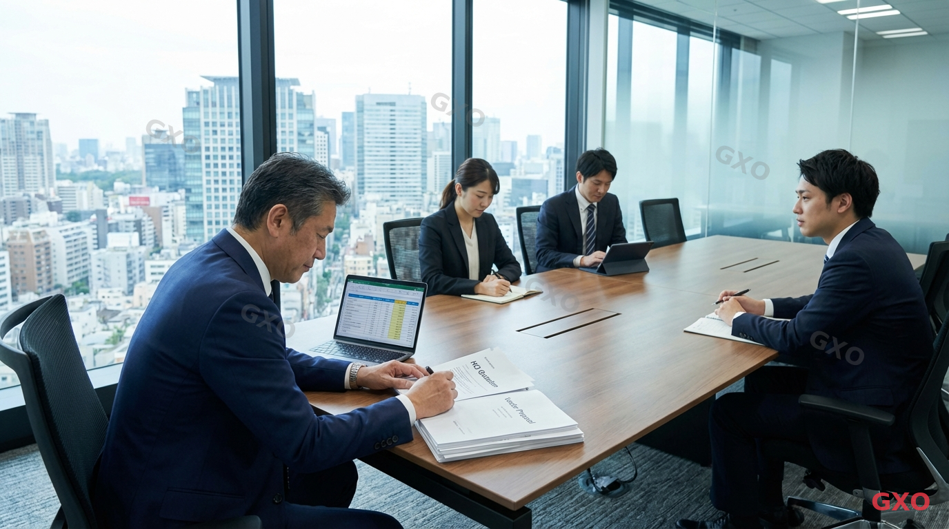 HCI見積もり比較と費用交渉のポイント Photo-realistic image of a Japanese business meeting room where an IT director (male, 40s, navy suit) is reviewing multiple HCI vendor quotation documents spread on a conference table. Laptop showing a comparison spreadsheet. Other team members taking notes. Professional, well-lit meeting room with glass walls and city view. Atmosphere of careful evaluation and strategic decision-making.