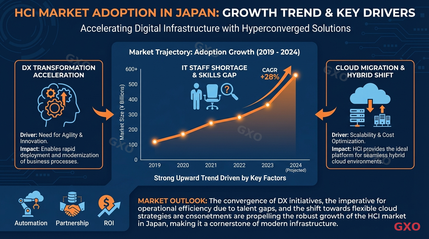 HCI市場の成長トレンドと導入が進む背景 Professional infographic displaying the growth trend of HCI market adoption in Japan with upward trending graph lines, icons representing DX transformation, IT staff shortage, and cloud migration. Modern flat design with navy blue and accent orange colors. Data visualization showing market trajectory and key adoption drivers.