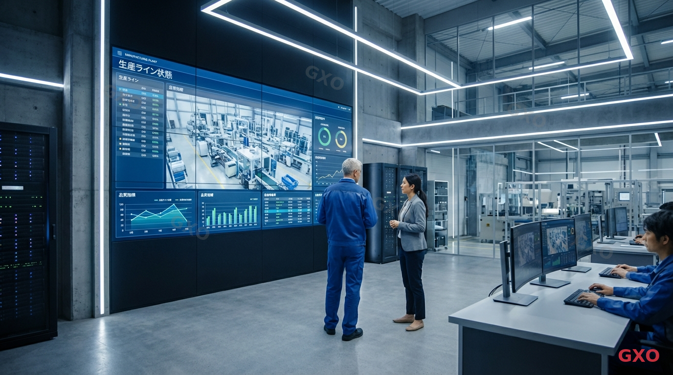 製造業でのHCI導入成功事例イメージ Photo-realistic image of a Japanese manufacturing plant control room with modern HCI-powered monitoring systems. Multiple screens displaying production line data, quality metrics, and equipment status. A male factory manager (50s, wearing work uniform) and a female IT coordinator (30s, business casual) reviewing system performance together. Industrial yet modern environment with digital transformation elements.