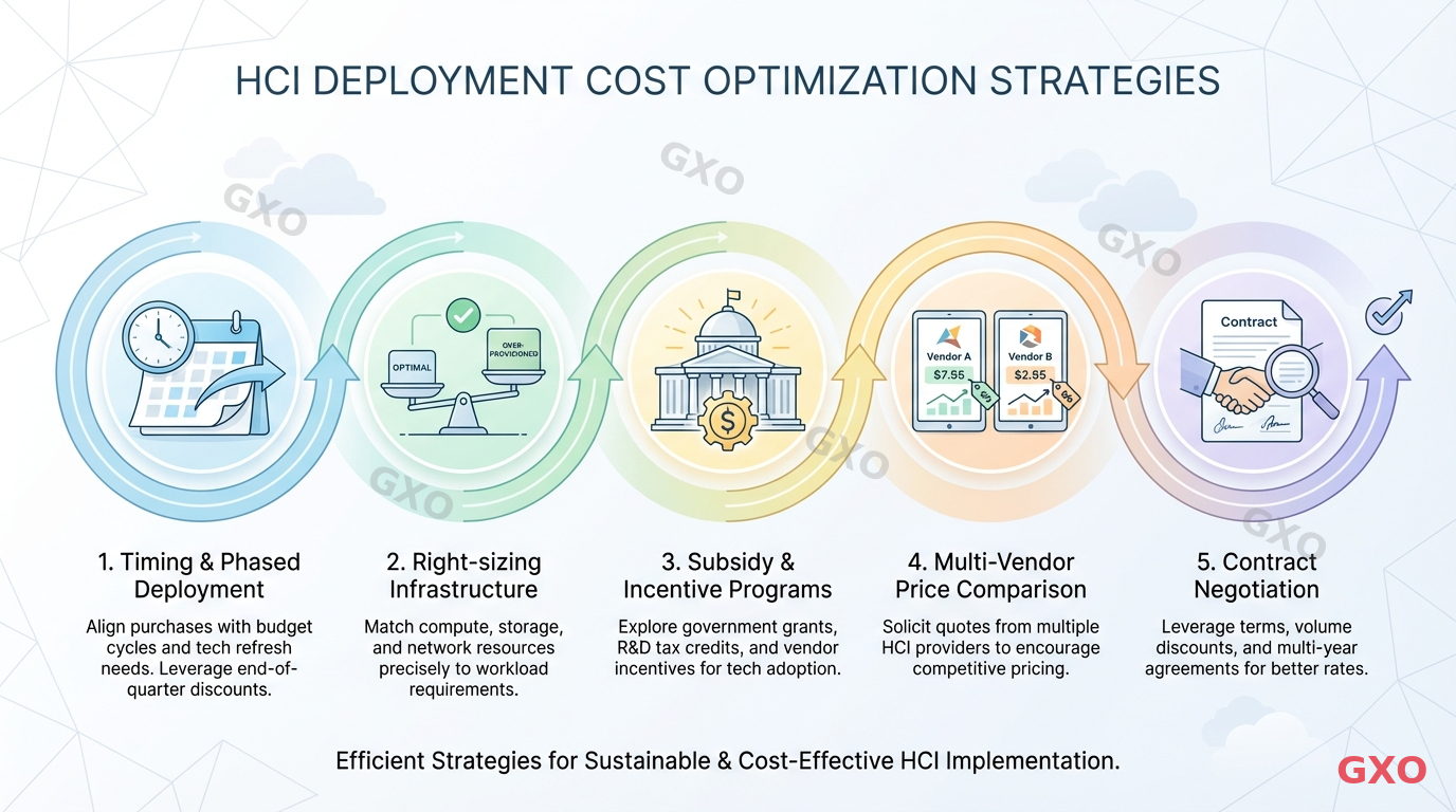 HCI導入コストを最適化する5つのポイント Clean modern illustration showing five cost optimization strategies for HCI deployment. Each strategy represented by a distinct icon: timing (calendar), right-sizing (scale), subsidy (government building), multi-vendor quotes (comparison), and contract negotiation (handshake). Connected by a workflow arrow. Light professional color scheme.