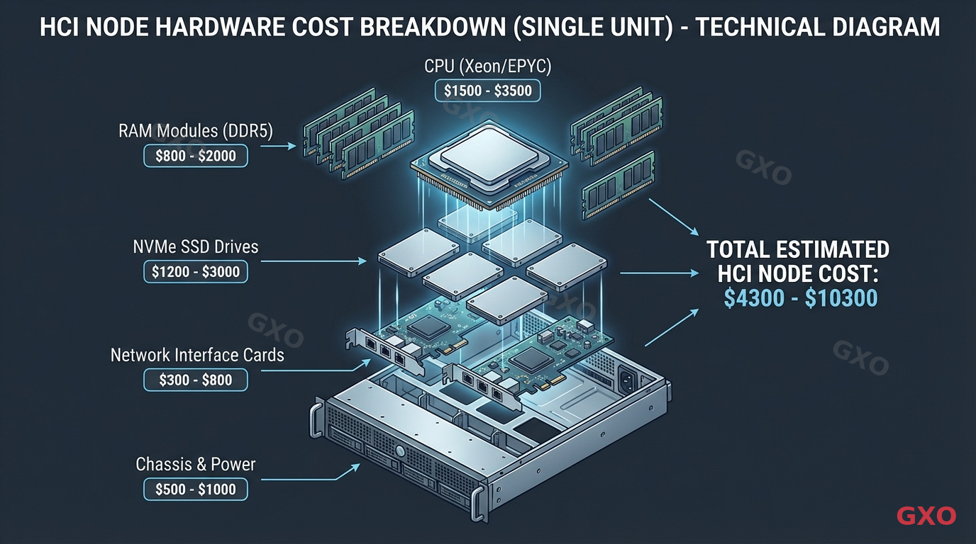 HCIノード1台あたりのハードウェア構成と費用内訳 Technical diagram illustrating the hardware cost breakdown of a single HCI node. Exploded view showing CPU (Xeon/EPYC), RAM modules (DDR5), NVMe SSD drives, network interface cards, and chassis. Each component labeled with cost range indicators. Clean technical illustration style with dark background and highlighted components.
