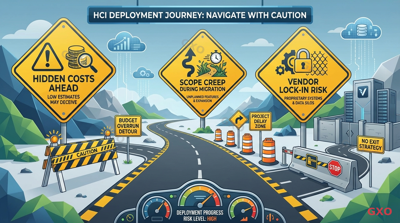 HCI導入時の注意点と失敗を避けるための対策 Clean modern illustration showing common HCI deployment pitfalls as warning signs along a road. Three main hazards highlighted: hidden costs in estimates, scope creep during migration, and vendor lock-in risk. Road metaphor with detour signs and safety barriers. Yellow warning colors with professional layout.