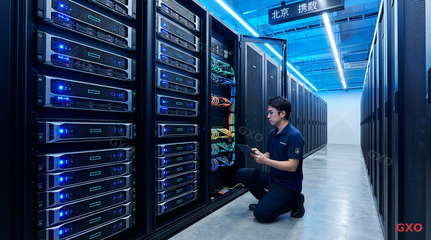 HPE ProLiant DX・DLサーバーの比較イメージ Photo-realistic image of a modern Japanese data center server room, rows of HPE ProLiant rack servers with blue LED indicators glowing, a Japanese IT engineer (male, 40s, wearing a dark polo shirt) inspecting a server unit with a tablet in hand. Clean cable management, cool blue ambient lighting, high-tech professional atmosphere. Highlighting enterprise server infrastructure and hardware selection decision-making.