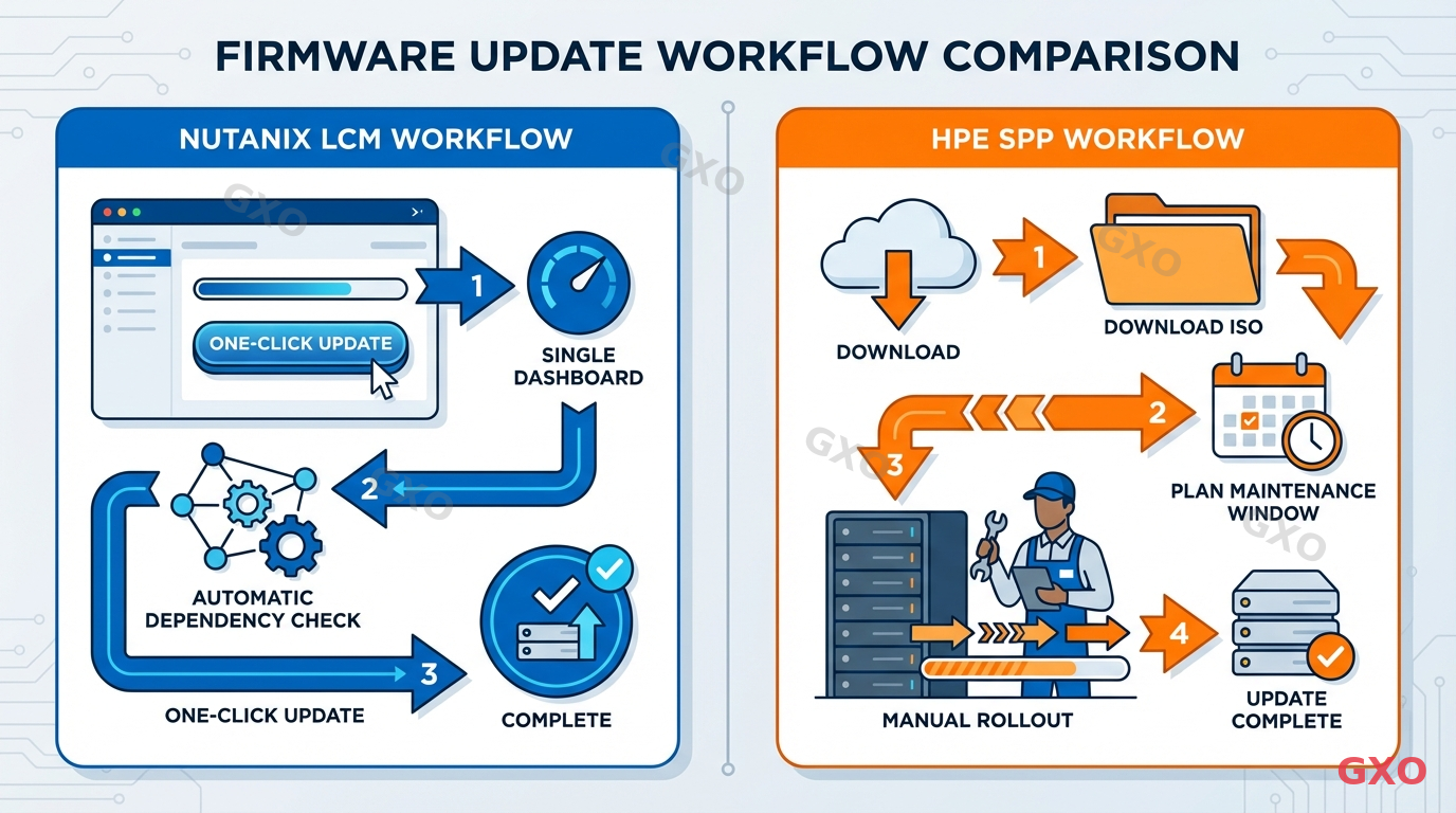 LCMとSPPによるファームウェア管理の違い Clean modern illustration comparing two firmware update workflows side by side. Left panel shows Nutanix LCM workflow: single dashboard, one-click update, automatic dependency check. Right panel shows HPE SPP workflow: download ISO, plan maintenance window, manual rollout. Arrows and step numbers for each process. Blue and orange dual-tone, business documentation style.