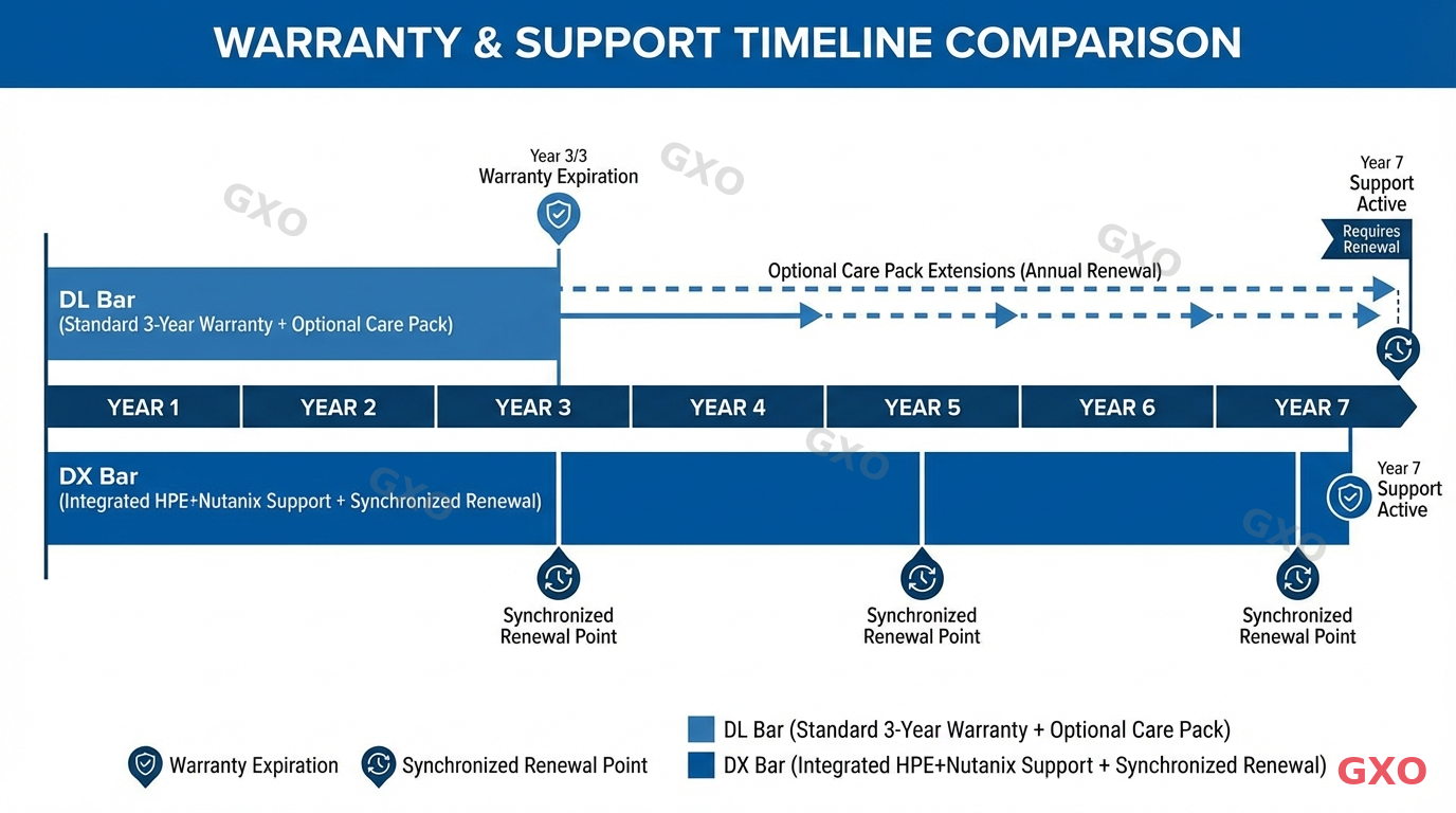 保守・保証期間の比較タイムライン Professional infographic displaying warranty and support timeline comparison. Horizontal timeline from Year 1 to Year 7. DL bar shows standard 3-year warranty with optional Care Pack extensions. DX bar shows integrated HPE+Nutanix support with synchronized renewal periods. Milestone markers for warranty expiration and renewal points. Clean corporate blue design with timeline graphics.