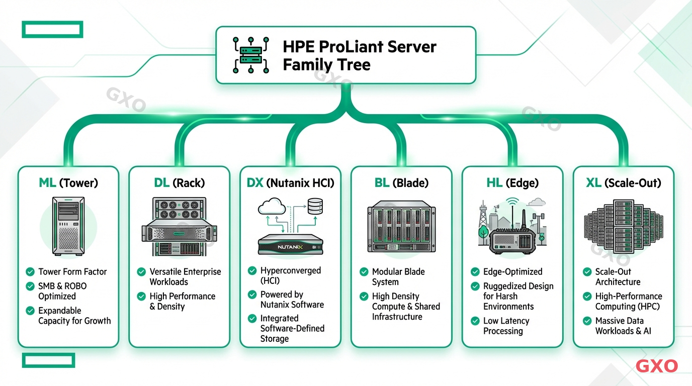 HPE ProLiantシリーズの製品体系 Professional infographic displaying HPE ProLiant server family tree diagram. Six branches: ML (tower), DL (rack), DX (Nutanix HCI), BL (blade), HL (edge), XL (scale-out). Each branch has a small server icon and 2-3 bullet points describing key characteristics. Clean white background, HPE green accent color, modern corporate design style.