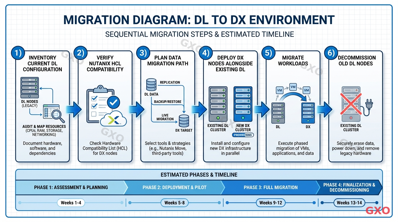 DLからDXへの移行手順 Technical diagram illustrating migration steps from DL to DX environment. Sequential numbered steps: 1) inventory current DL configuration, 2) verify Nutanix HCL compatibility, 3) plan data migration path, 4) deploy DX nodes alongside existing DL, 5) migrate workloads, 6) decommission old DL nodes. Timeline bar at bottom showing estimated phases. Clean documentation style with blue arrows connecting steps.