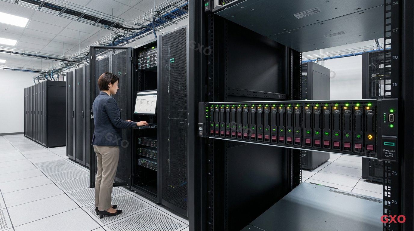 HPE ProLiant DLシリーズの外観と運用イメージ Photo-realistic image of HPE ProLiant DL380 Gen11 rack server in a well-lit server room, front panel visible showing drive bays and status LEDs. A Japanese IT administrator (female, 30s, business casual) reviewing server configurations on a nearby monitor. Professional data center environment with raised floor tiles and organized cabling. Emphasizing reliability and versatility of the DL series.