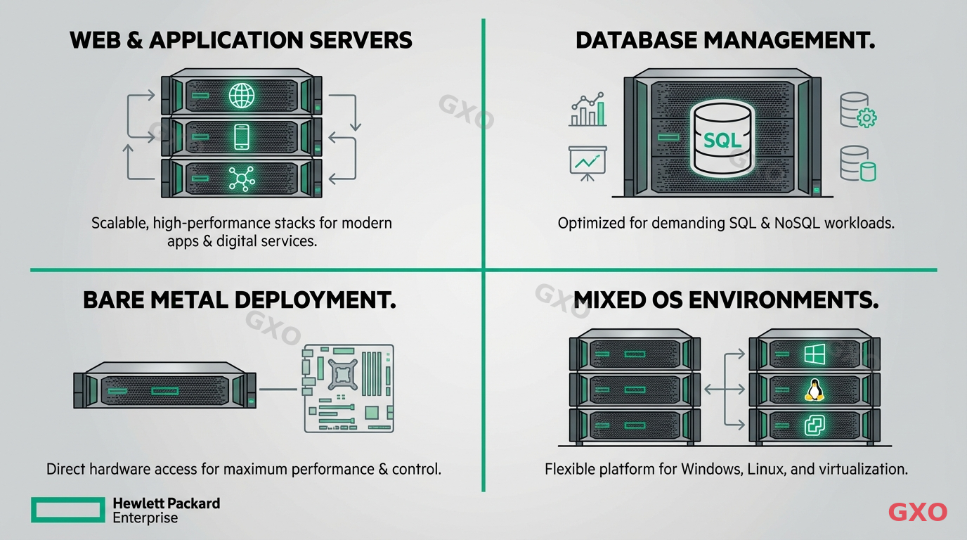 DLが最適な4つの活用シナリオ Clean modern illustration showing four use case scenarios for HPE DL servers. Quadrant layout: top-left shows web/app server stack, top-right shows database server with SQL icon, bottom-left shows bare metal deployment, bottom-right shows mixed OS environment (Windows, Linux, VMware icons). Each quadrant with brief descriptions. Professional gray and green color scheme.