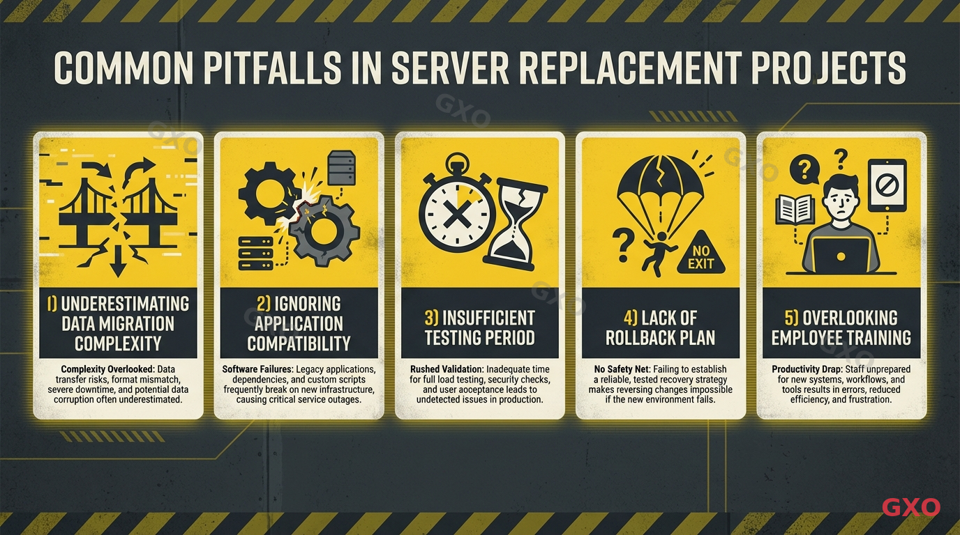 サーバー更改でよくある失敗パターン Clean modern illustration showing common pitfalls in server replacement projects as a series of warning cards: 1) underestimating data migration complexity, 2) ignoring application compatibility, 3) insufficient testing period, 4) lack of rollback plan, 5) overlooking employee training. Each card with a distinct warning icon and brief description. Yellow and dark grey color scheme with cautionary visual tone.